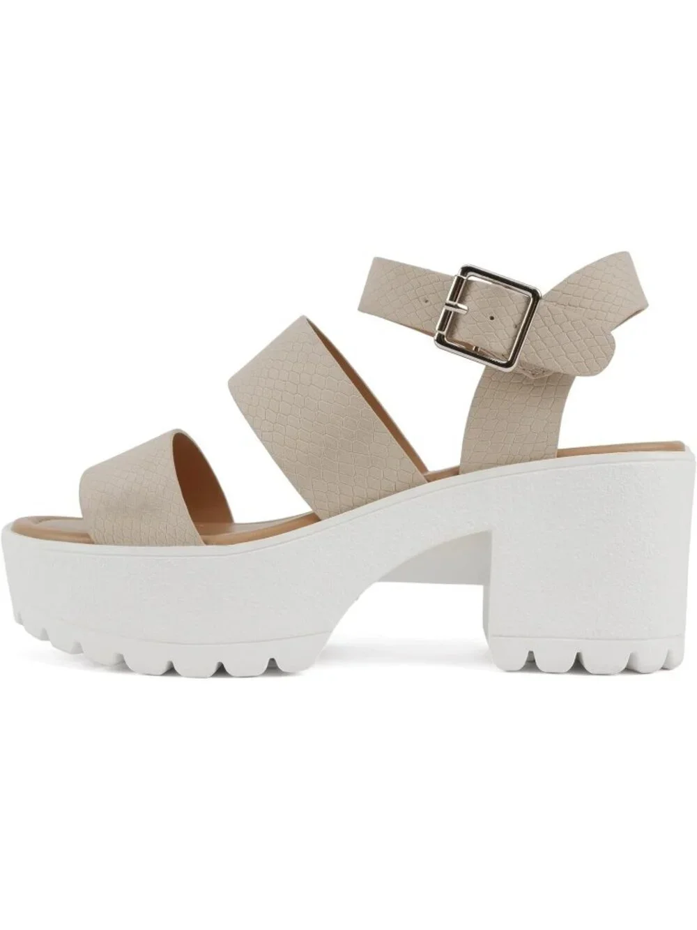 Women Nude Cobra Two Bands Lug Sole Open Toe Adjustable Block Heel Sandal Shoes
